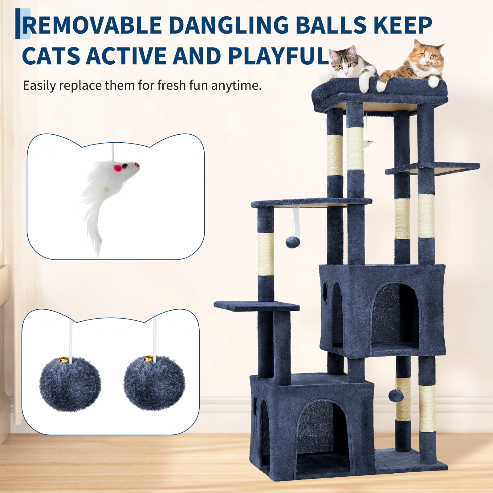 Babevy 61" Maine Coon Cat Tree, Heavy-Duty Tower with Extra-Large Perch, 2 Condos & 7 Sisal Scratching Posts for Large Indoor Cats