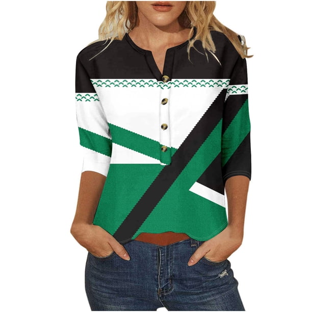 Tops de Algodón para las Mujeres Impreso Botón 3/4 Manga Suelta Tee, Suave Casual 3/4 Manga Superior