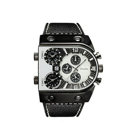 OULM Men Three Time Zones Leather Band Quartz Watch Cool Big Dial ...