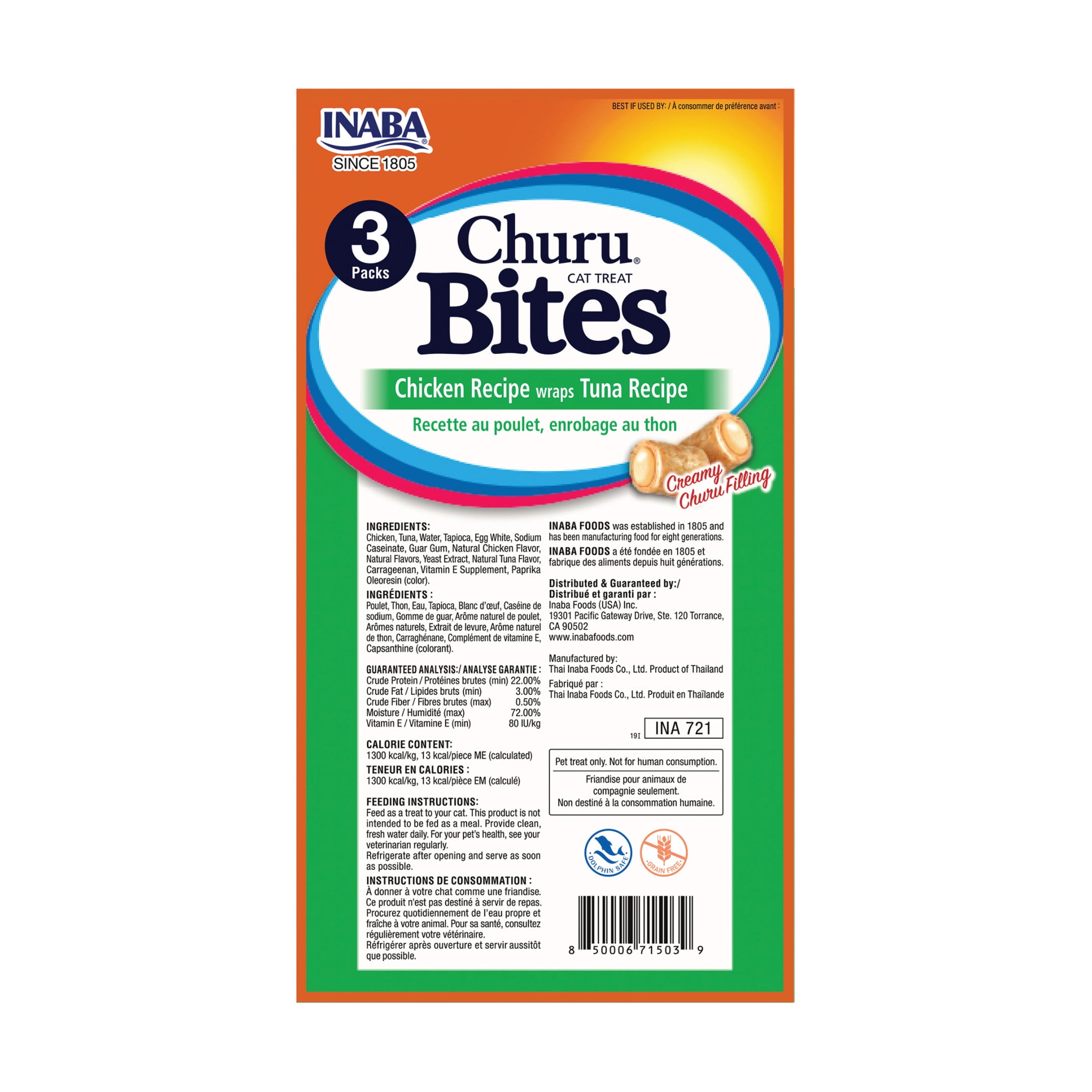 INABA Churu Bites for Cats, Grain-Free, Soft/Chewy Baked Chicken Wrapped Cat Treats with Savory Churu Centers, 0.35 Ounces Each Tube, 3 Tubes, Tuna Recipe