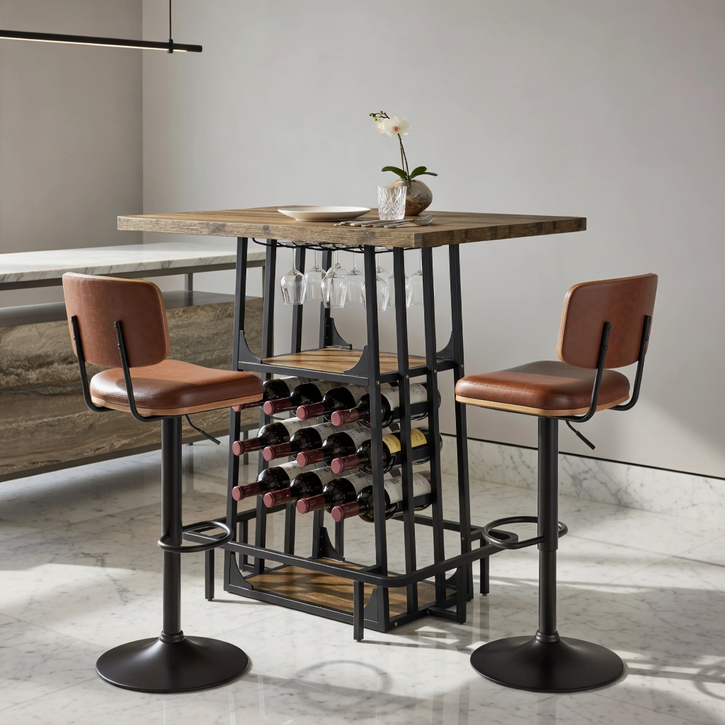 Hommoo 39.4 Inch Industrial Bar Table with 3-Tier Storage, Wine Rack, Glass Holder, Built-in Footrest, Counter Height Pub Table for Home Bar, Coffee Station or Standing Desk, Rustic Brown