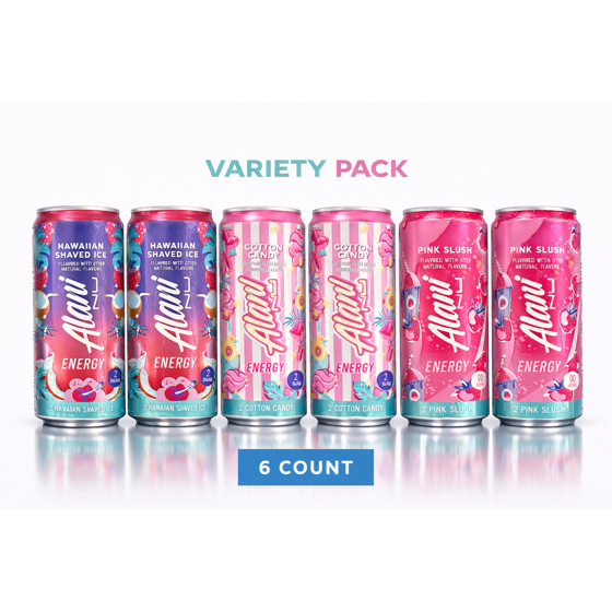 New Alani Energy Drinks Cotton Candy, Hawaian Shaved Ice, Pink Slush Variety Pack Sugar-Free, Low-Calorie, 200mg Caffeine, Energy Boost Drink 12 fl oz (Pack of 6)