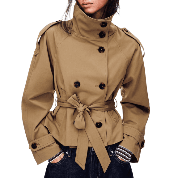 PUWEI Women's Cropped Trench Coat Double Breasted Casual Short Jacket High Collar Fall Winter Coats with Belt