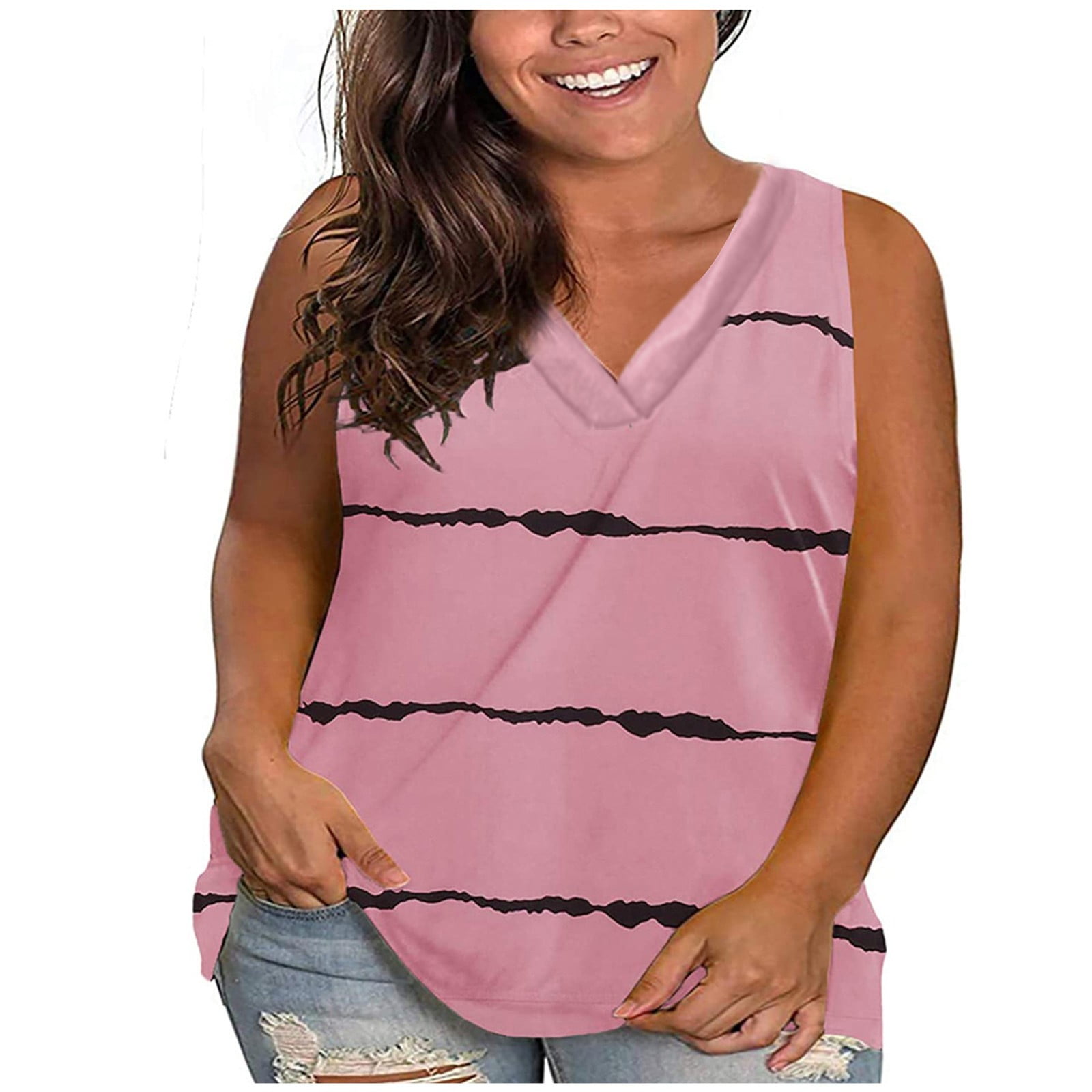 lcziwo Débardeurs Colorblock pour Femmes, Grande Taille Débardeur d'Été Col Rond Rayures Color Block Décontracté Sans Manches Chemises, Rose, TTTG