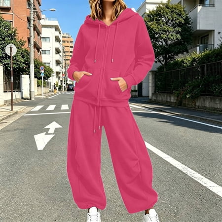 Huowey Sweatsuits Women 2 Piece Outfit Fall Loungewear Set Zip Up Hoodie And Joggers Pants 2 Piece Set Long Sleeve Cozy Airport Tracksuit Pink M