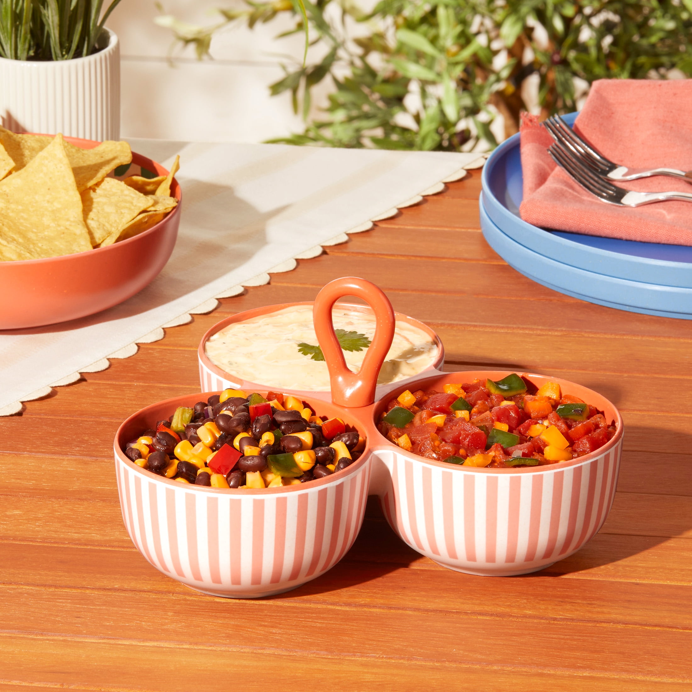 Mainstays by Becky G. & Alejandra Bamboo Melamine Triple Condiment Server, Orange Stripe