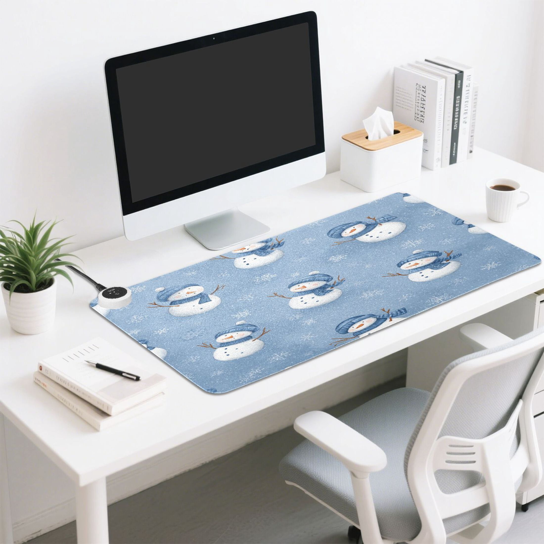 Large Heated Desk Mat Mouse Pad 31.5"x13"PU Leather Graphene Heating Desk Warmer with 3 Temperature Settings 110V US Plug Non-Slip Warm Pad for Home, Office, and Gaming Cute Branch Snowman Pattern