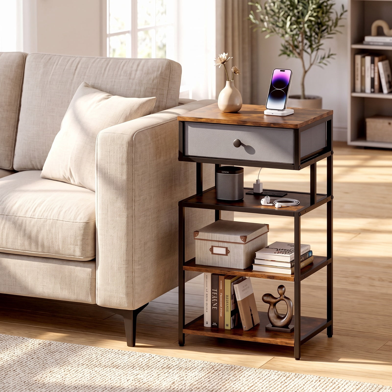 Furnibear Nightstand with Charging Station 28 Inch Tall Bedside Table with Fabric Drawer for Bedroom Living Room Bedside Sofa Side, Rustic Brown