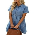 thumbnail image 1 of Robe en Denim pour Femmes Décontractée à Manches Courtes, Boutonnée, Smockée, à Volants, Style Babydoll, Robe en Jean, 1 of 6