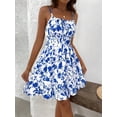 thumbnail image 3 of Blue And White Vintage Floral Print Tie Strap Mini Dress, Smocked Waist A-Line Sundress With Ruffle Hem, 3 of 6