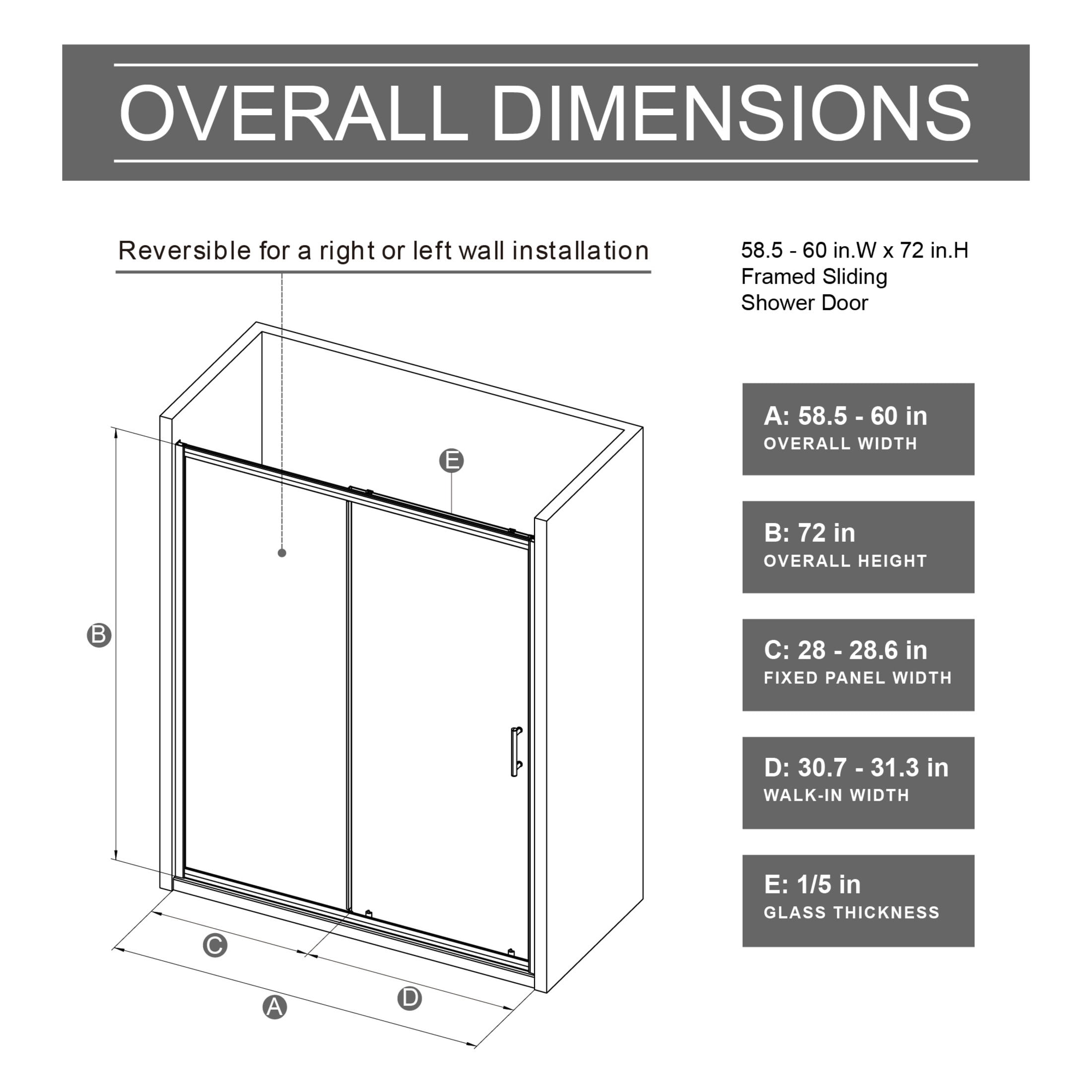 Noble House 60" x 72" Single Sliding Shower Door, 1/5" Clear Tempered Glass with Stainless Steel Handle, Chrome