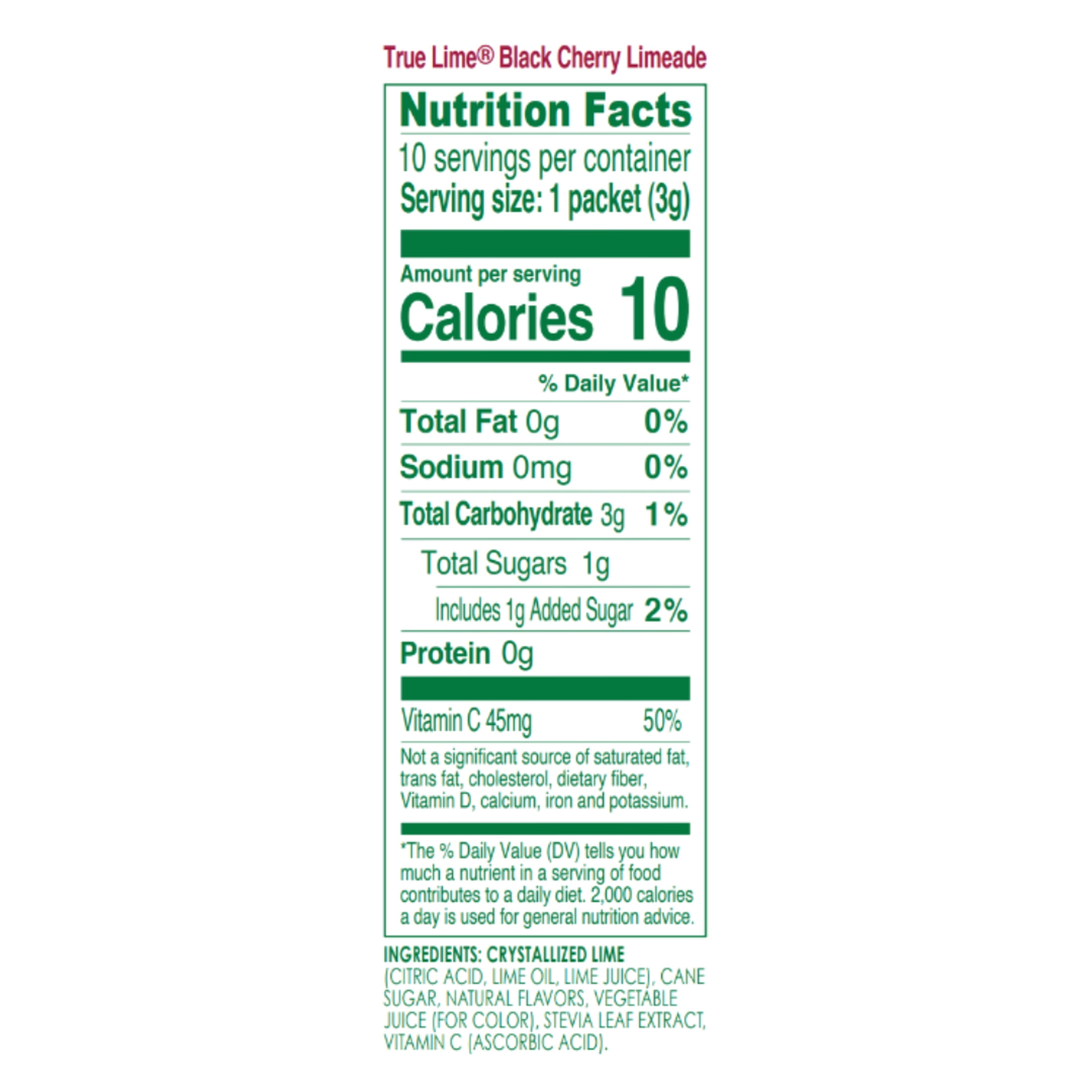 True Lime Black Cherry Limeade Drink Mix Powder, No Artificial Sweeteners, 1.06 oz., 10 Count Box