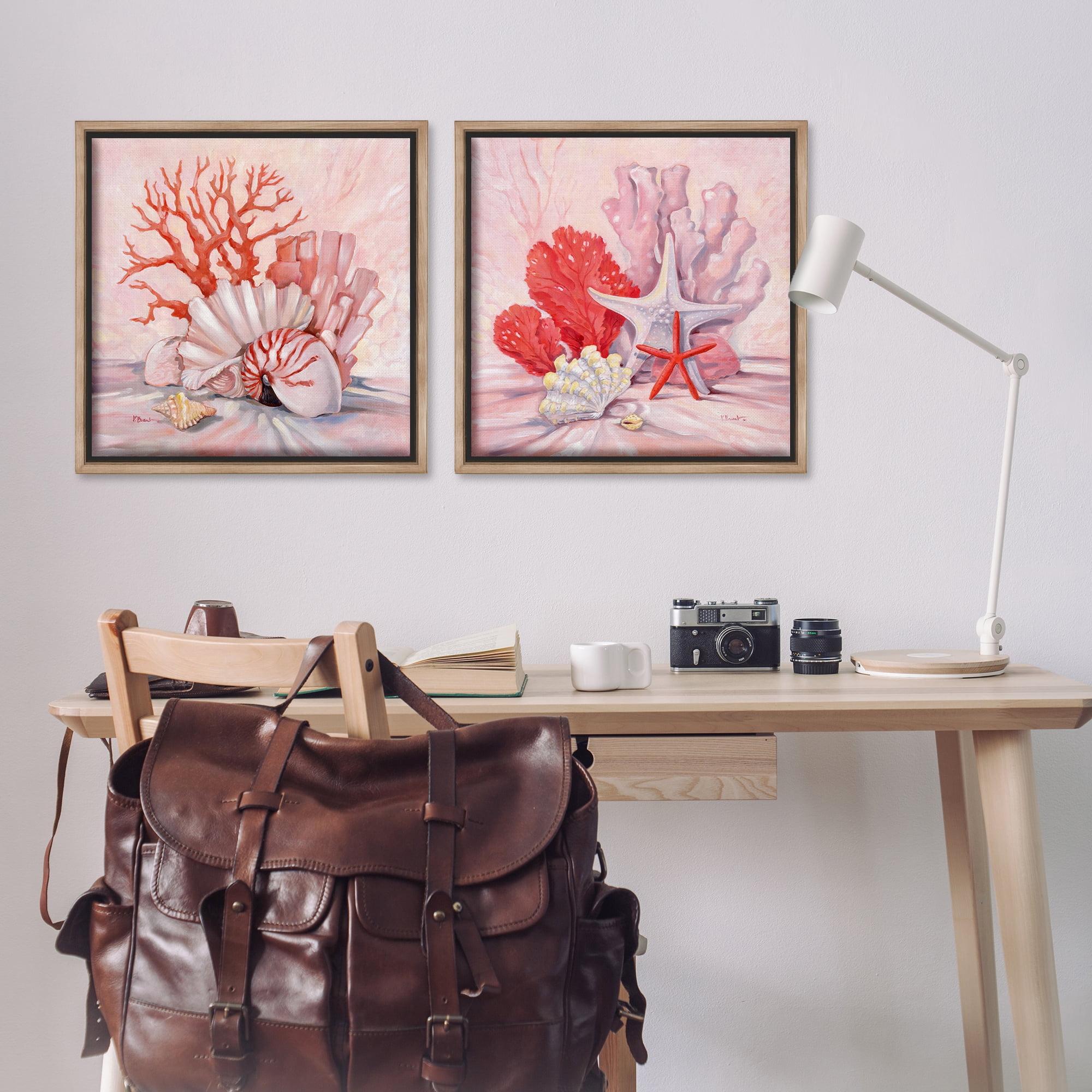 Stupell Industries Pink Coral Still Life Nautical & Beach Painting Brown Floater Framed Canvas Art Print Wall Art, 25 x 25, Set of 2