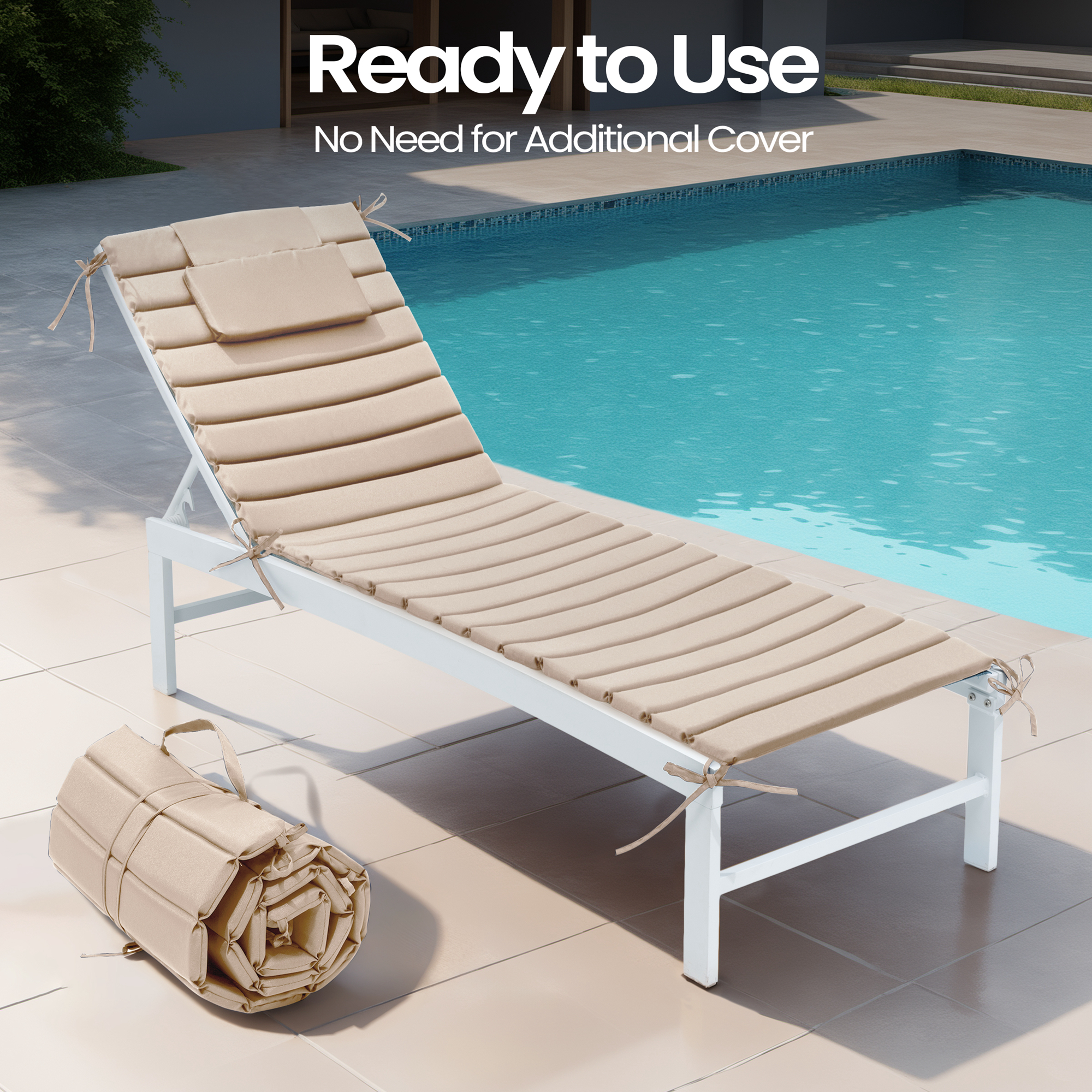 Pellebant Outdoor Set of 2 Chaise Lounge Cushions with Headrest for Patio Furniture,80"L x 26"W x 1"T Beige