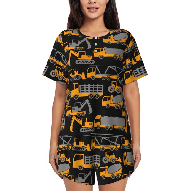 Balery Yellow Excavator Conjunto de Pijama para Mujer con Estampado, Dos Piezas de Manga Corta y Shorts, Ropa de Dormir Suave con Cuello Redondo y Bolsillos-X-Large