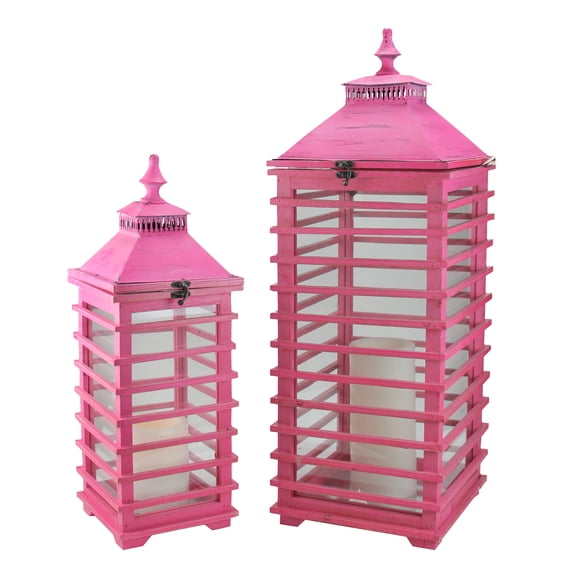 Set of 2 L'Eau de Fleur Distressed Pink Fir Wood Pillar Candle Lanterns 28"