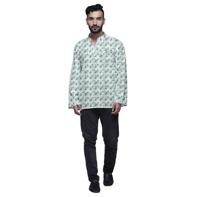 Atasi Button Placket Cotton Mens Kurta Shirt Printed Short Casual Kurta Shirt