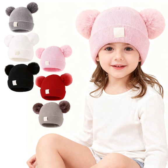 DAMAI Mini Winter Hat Knit Beanie with Pom Poms Warm Hats Knitted Beanie Hat with Double Pom Poms, Cute & Warm Accessory for Autumn and Winter Daily Wear