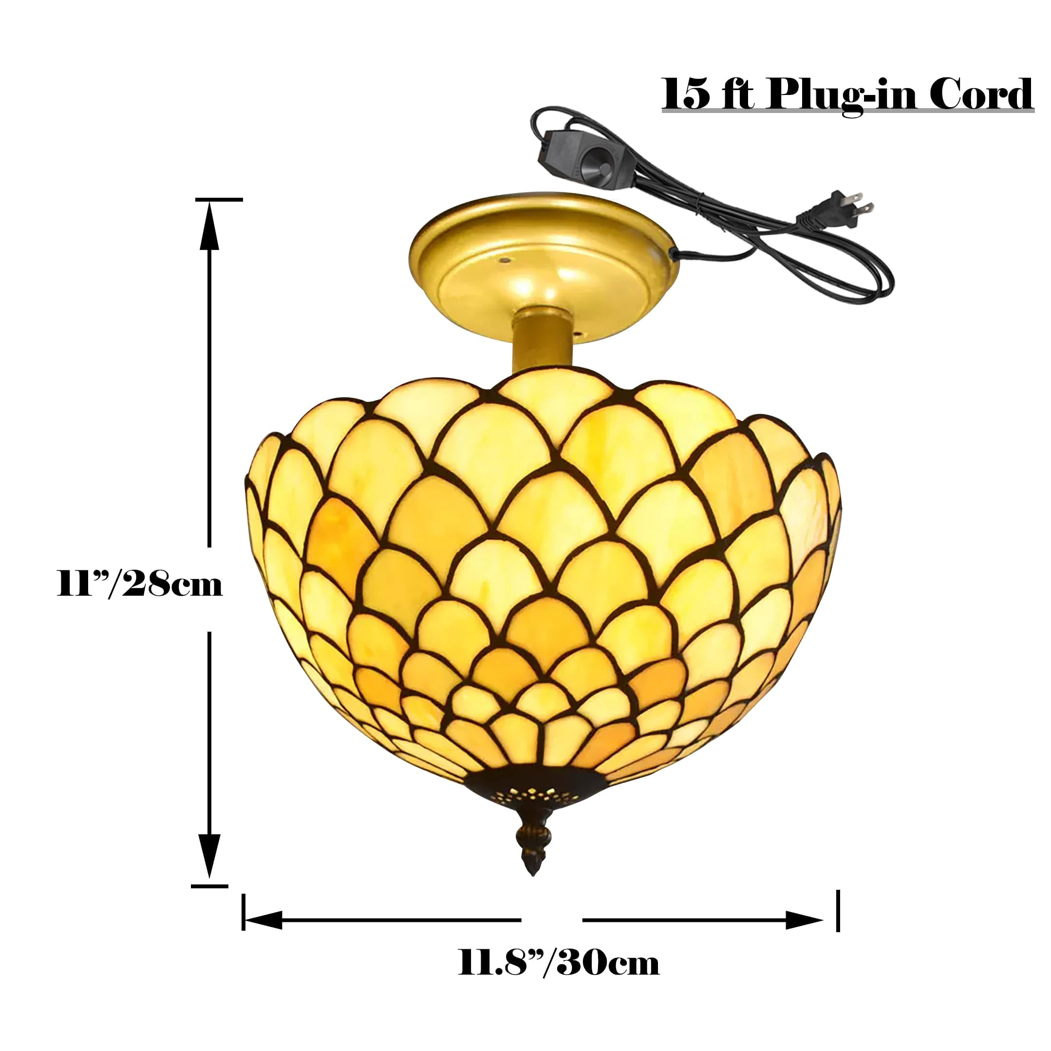 Kiven 11.8in Flush Mount Ceiling Light Fixture Dimmable, 2-Light Anti Glare Close to Ceiling Light with 15FT Plug-in Cord, Tiffany-Style Glass Chandelier for Bedroom Kitchen Hallway(No.3184)