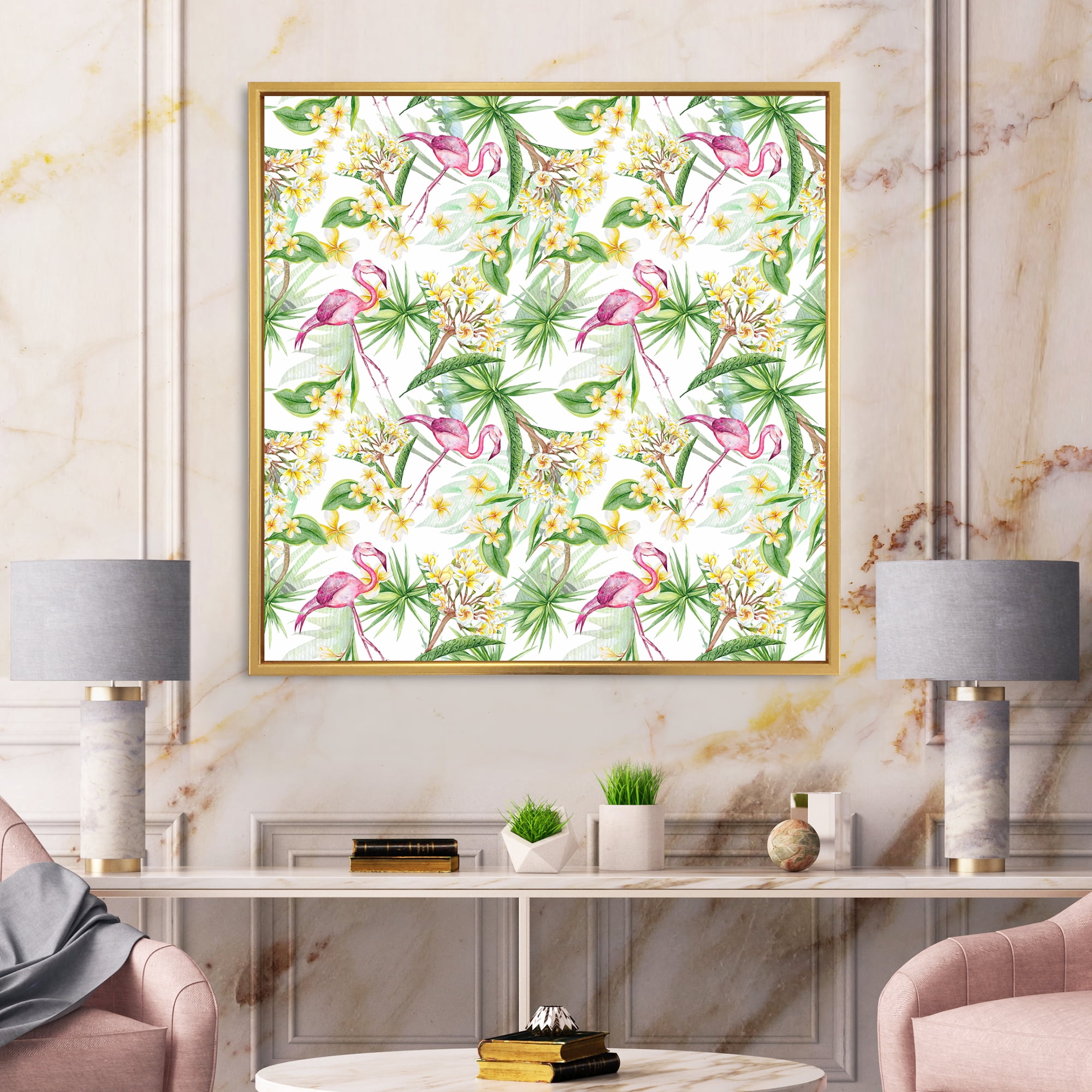 Designart 'Yellow Flowers, Tropical Foliage With Flamingo IV' Modern Framed Canvas Wall Art Print