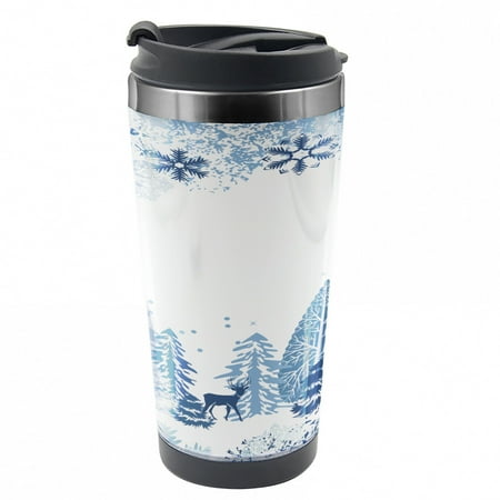 

Winter Travel Mug Deer Pine Trees Xmas Steel Thermal Cup 16 oz by Ambesonne