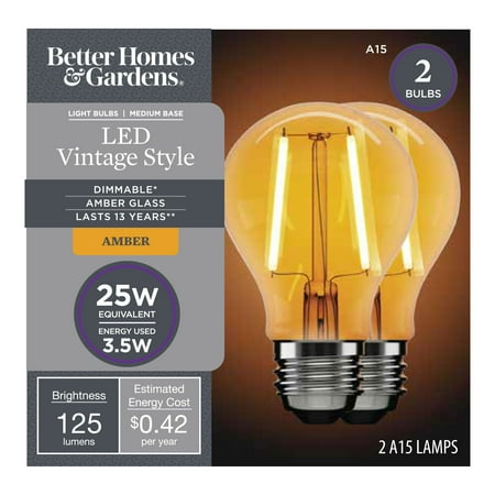 

Better Homes & Gardens LED Vintage Style Light Bulb A15 25 Watts Amber Classic Filament Medium Base Dimmable 2 Pack
