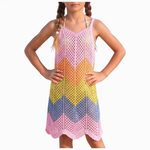 mgoYE Girls Knit Swimsuit Cover ups Summer Beach Bathing Suit Coverups Cami Dress(Multicolour,8-10 Years)