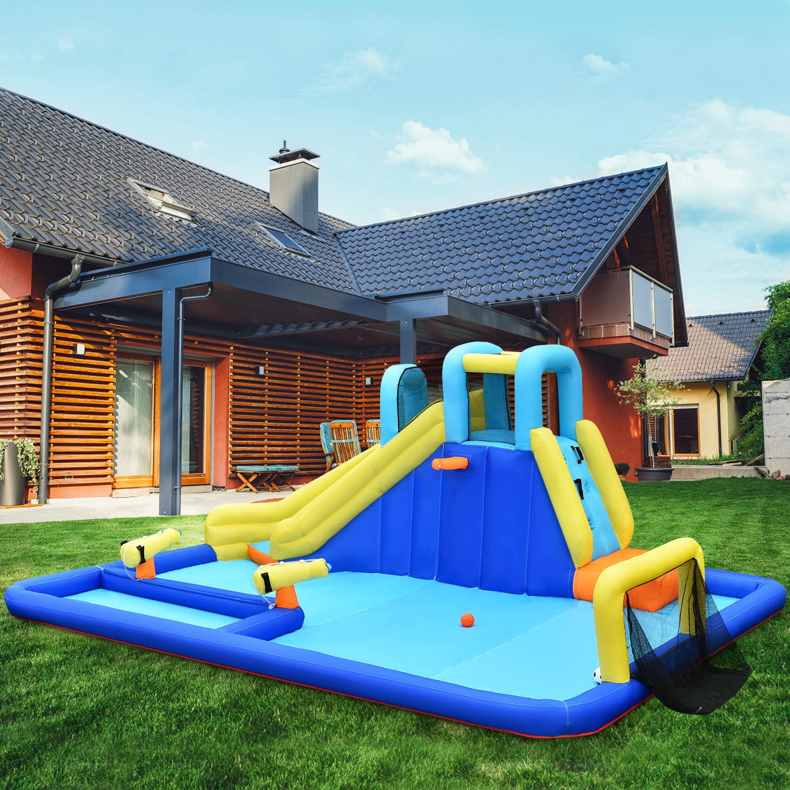 Topbuy Inflatable Bounce House Water Slide Bouncer with Ball Shooting Climbing Wall for Outdoor Entertainment without Blower
