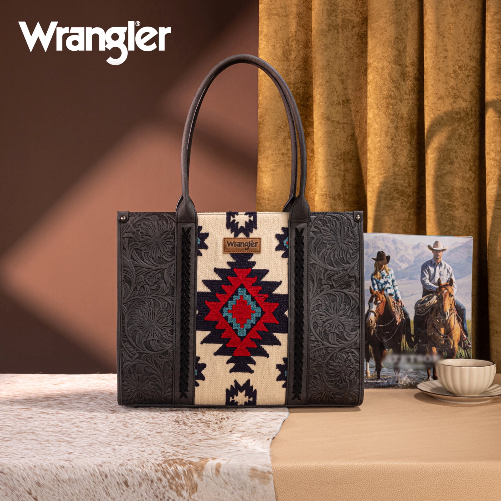 Wrangler Aztec Tote Bag for Women Western Shoulder Purse Top Handle Handbag Stylish and Functional Aztec Design， Black