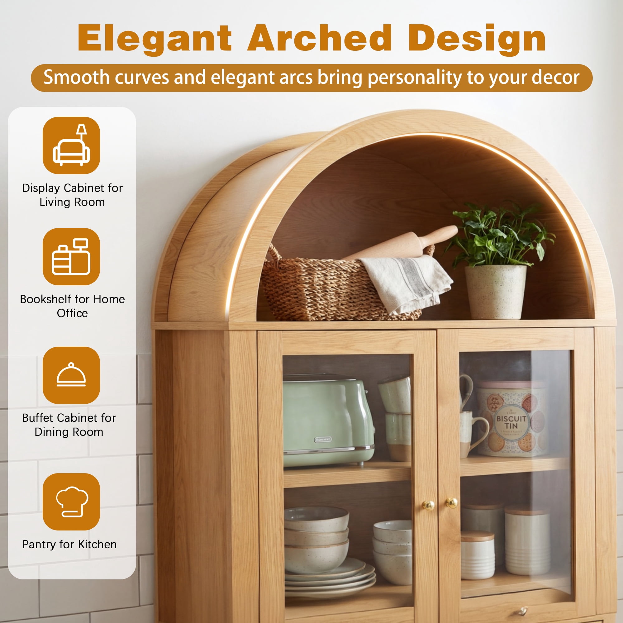 Mintazer 71" Fluted Tall Arched Kitchen Pantry Cabinet with Adjustable Shelves, Freestanding Storage Cabinet with Glass Doors & Drawer for Kitchen Living Room Dining Room, Natural