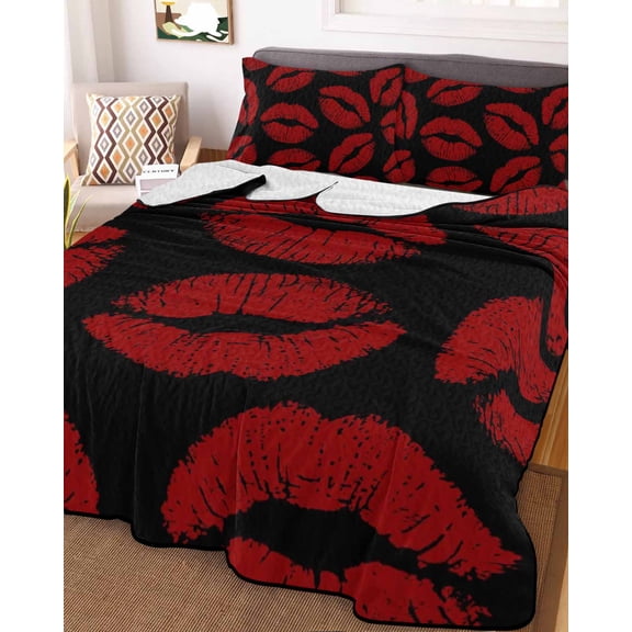 Red Lips Queen Size Down Alternative Comforter, Lightweight Comforter Quilt Bedding Set with Pillow Shams Modern Abstract Romantic Texture Aesthetic All Seasons Bed Comforter Duvet Insert 90"x96"