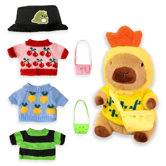 Capybara Plush with 9 Pcs Clothes Accessories, 10.2 Inch Dress Up Stuffed Animal Plush Toy for Kids