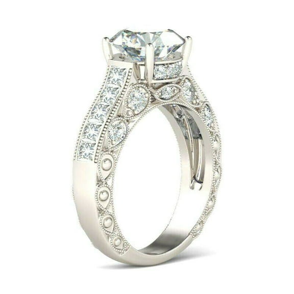 HeartsAndYou 4.5ct Round Cut Moissanite Vintage Inspired Milgrain Solitaire Ring 18k White Gold over Silver