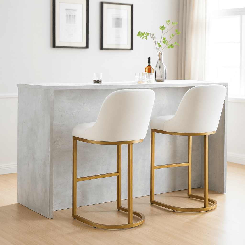 Leick Home Barrel Back Bar Stools with High Density Foam Seat, White/Gold (Set of 2)