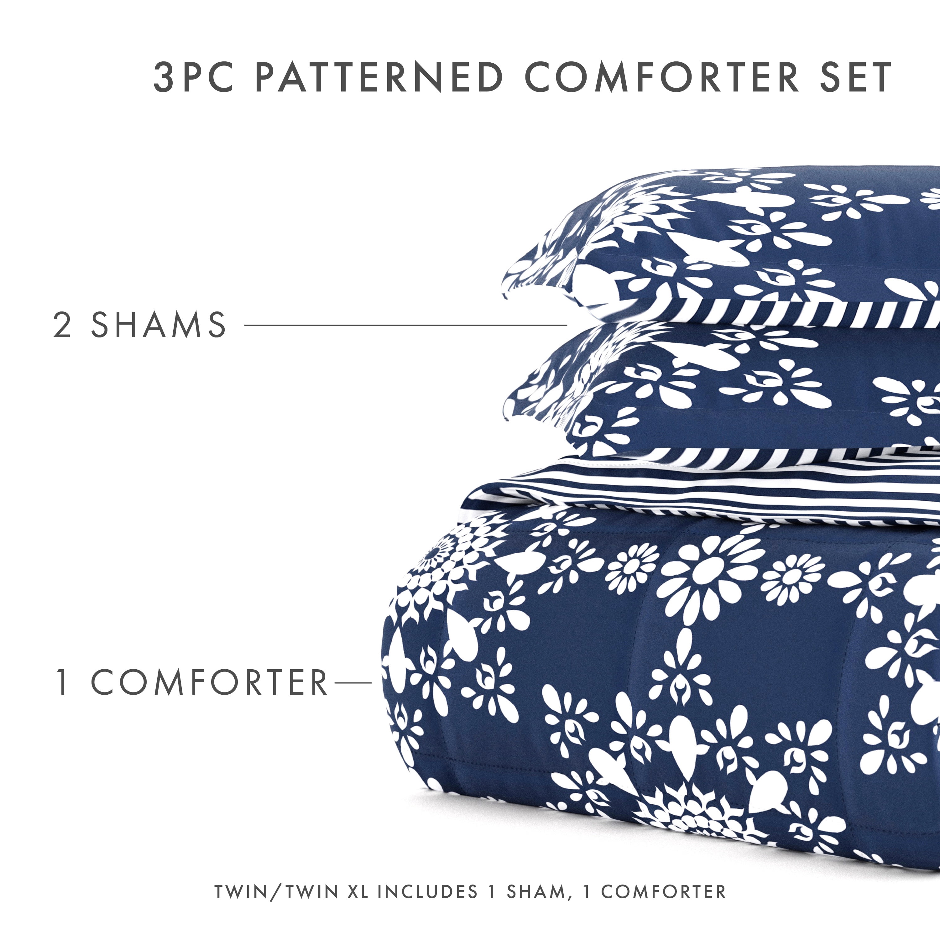 Noble Linens 3-Piece Navy Daisy Medallion Reversible Print Comforter Set, King/CalKing