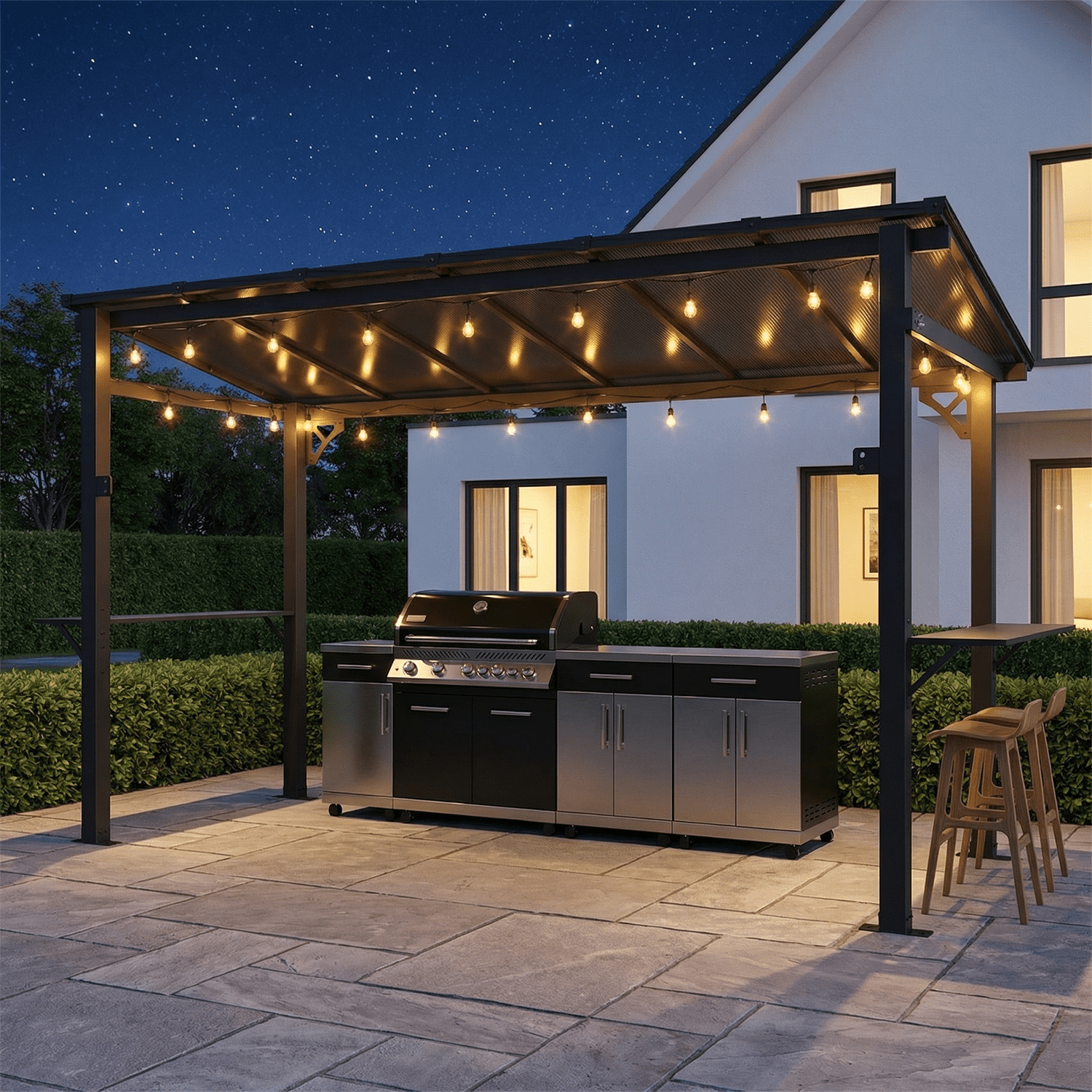 Clouddwell 12'x5.5' Permanent Metal Gazebo,Outdoor BBQ Canopy with Polycarbonate Panel & Sloping Steel Roof, Grill Shelter with 2 Side Shelves and Hooks for Patio, Backyard, Deck