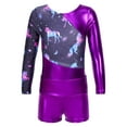 thumbnail image 5 of YEAHDOR Kids Girls 2 Piece Dance Gymnastics Outfit Suit Metallic Leotard with Athletic Shorts Purple 14, 5 of 7