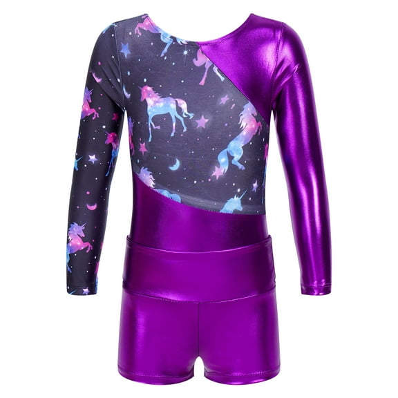 YiZYiF Kids Girls Gymnastics Leotard with Shorts 2 Piece Outfit Ballet Dance Biketard Dancewear Purple 8