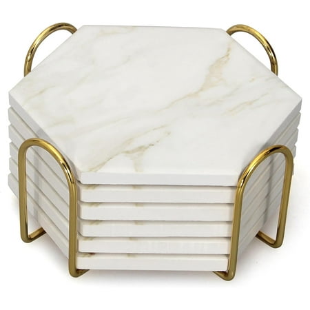 6Pcs White Marble Coaster Set with Holder Hexagon Ceramic Coasters Absorbent Coasters Drink Coasters Set for Coffee Table Wine Coasters Modern Coasters Beer Coasters Cup Coasters