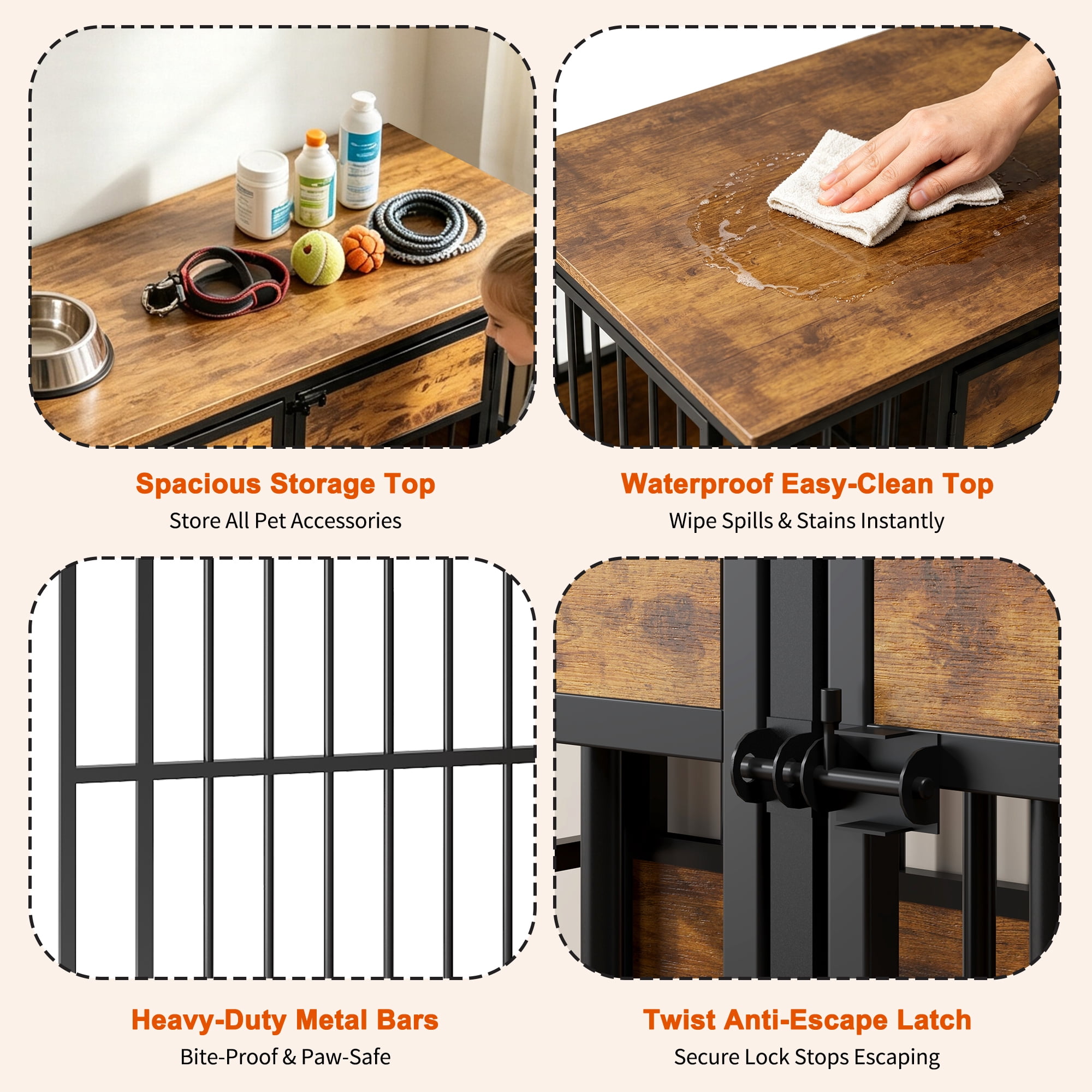 Dog Crate Furniture with Storage Top and Wooden Frame, Large Indoor Pet Kennel and Dog Cage for Living Room Bedroom, Antique Brown