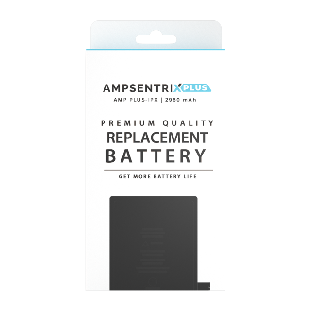 Replacement Extended Capacity Replacement Battery Compatible For iPhone X (AmpSentrix Plus) shown in its packaging. The packaging highlights its premium quality, 2960 mAh capacity, and advanced core technology for faster charging and longer battery life. A durable iPhone accessory designed specifically for iPhone X.