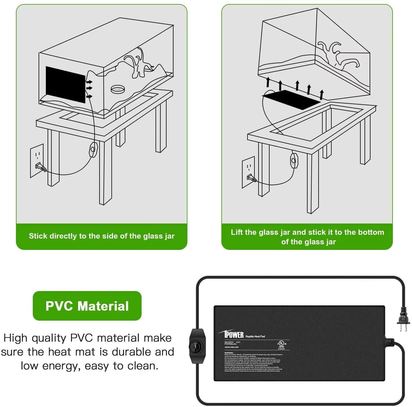 iPower 8" X 18" Reptile Heat Mat - 24W Under Tank Heater with Adjustable Thermostat for Turtles, Snakes, Lizards & Amphibians, 2 Pack