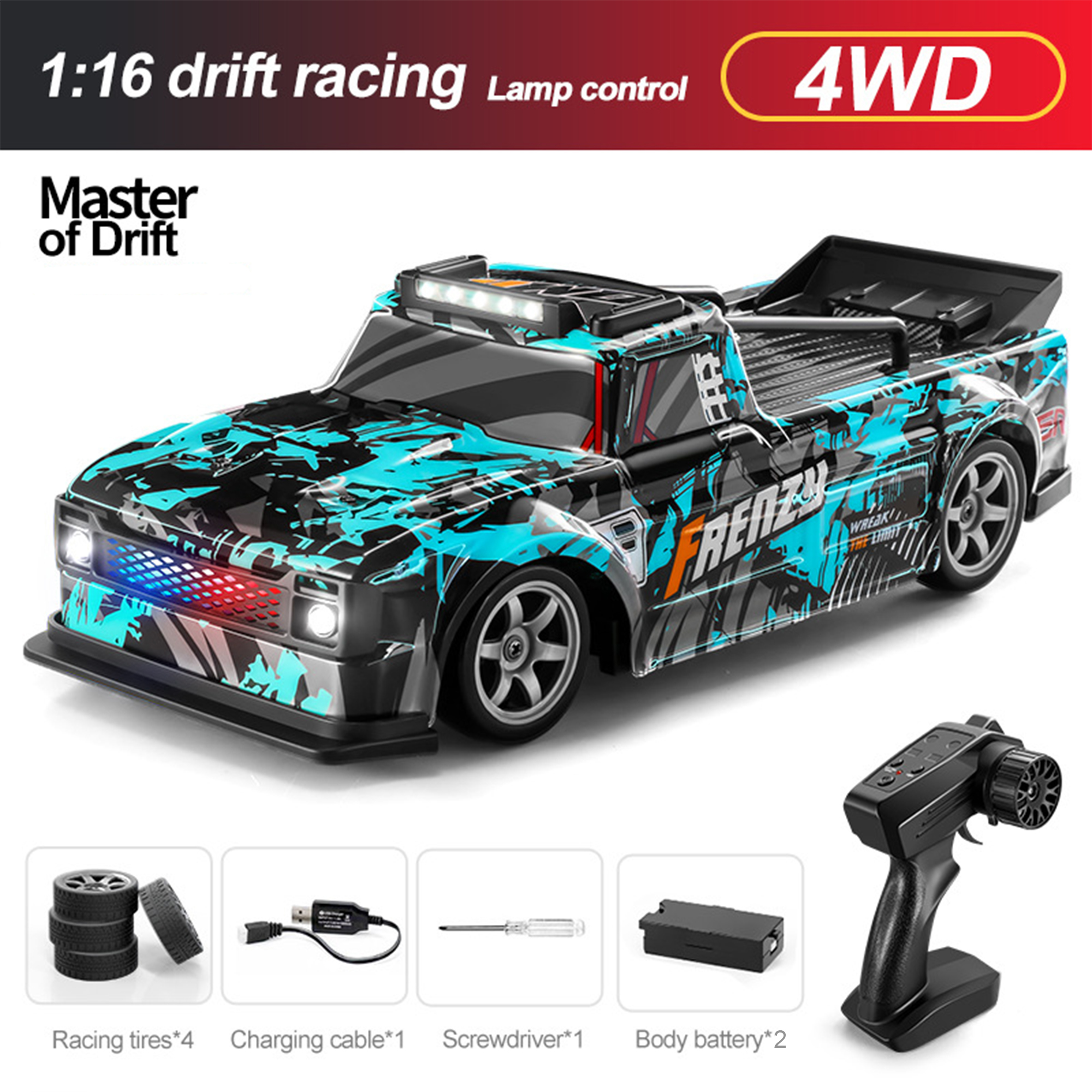 1:16 RC Drift Car, 25KM/H 4WD High Speed Remote Control Cars for Kids, with LED Lights, Two Batteries, Extra Tires, Drift RC Cars for Adults