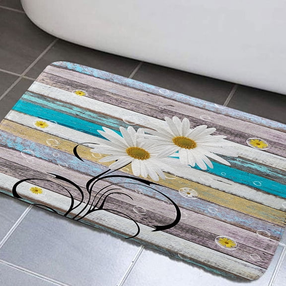 Rustic Farmhouse Bathroom Rug Mat, Spring Farm Teal Daisy Floral Flowers on Country Wooden Bathroom Rugs Set, Turquoise Blue Bathroom Non-Slip Absorbent Doormat Bedroom Rug Kitchen Rug (17"X29")