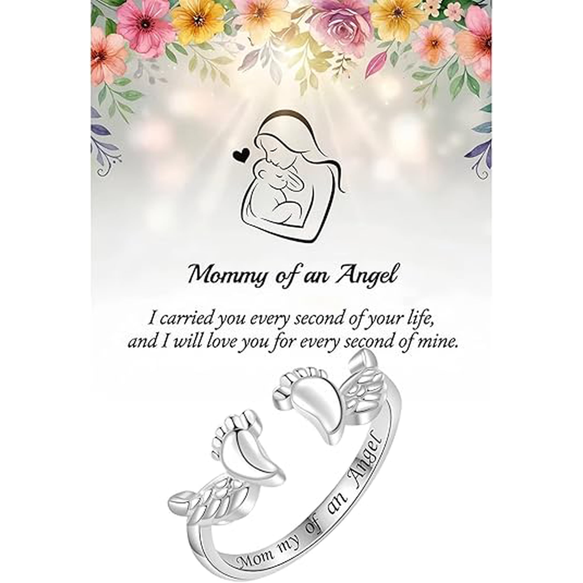 DESIGNICE Mommy of an Angel Miscarriage Rings,Pregnancy Loss Remembrance Angel Wing Feet Open Ring Memorial Keepsake Gift Grieving Mothers Sterling Silver Plated Ring Jewelry