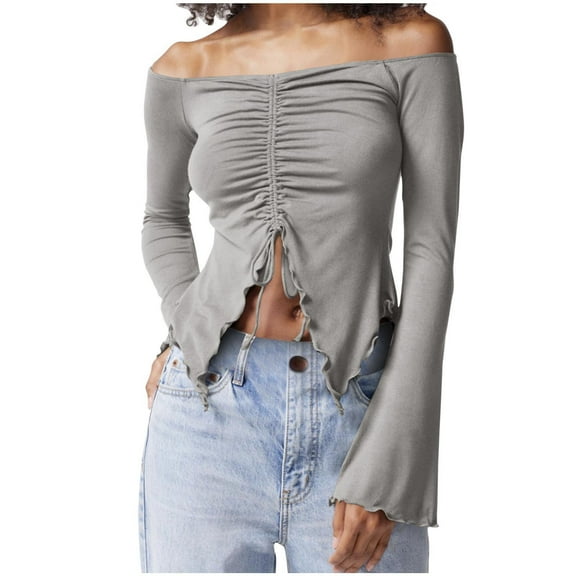 Giftesty Womens Shirts Women Solid Color Knitted Base Inner And Outer Two-Piece Top With Wooden Ear Flared Sleeves Sexy Off The Shoulder Long Sleeved T-shirt Top