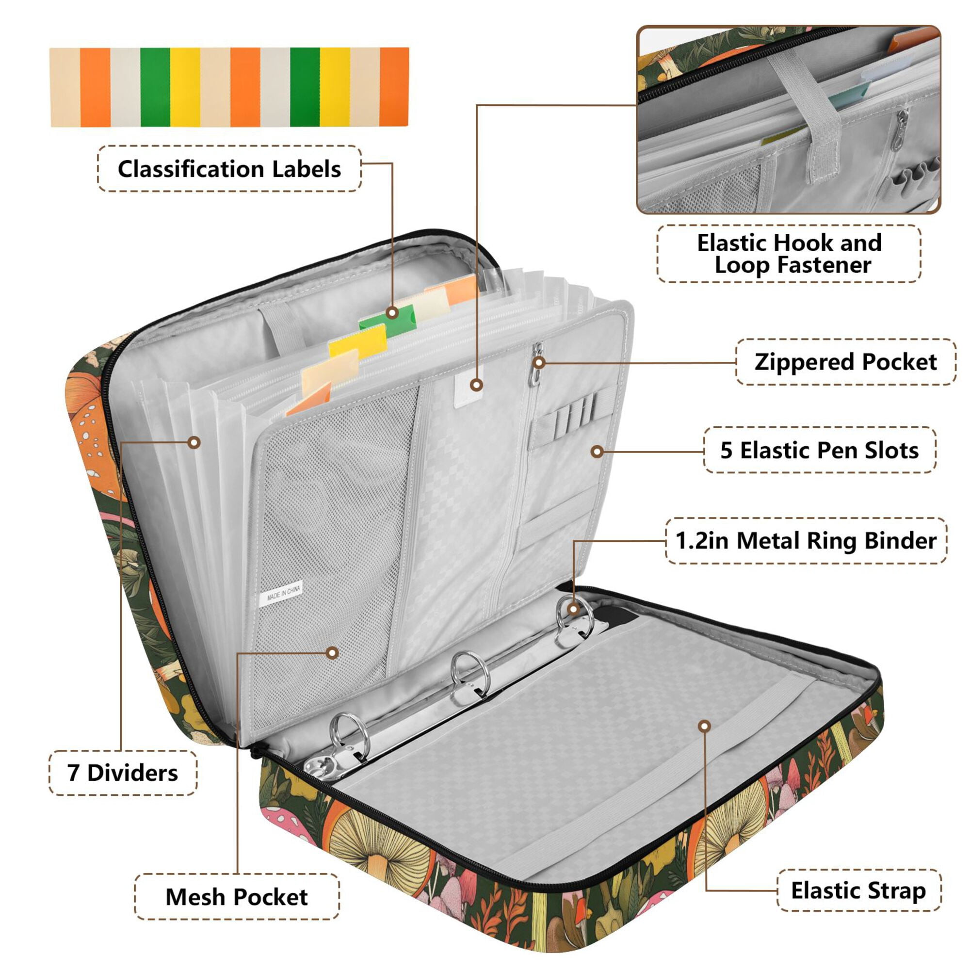 FORMRS Accordion File Folder A4 Size 7-Pocket Expanding Document Organizer Bag with 3 Ring Binder, Colorful Mushroom