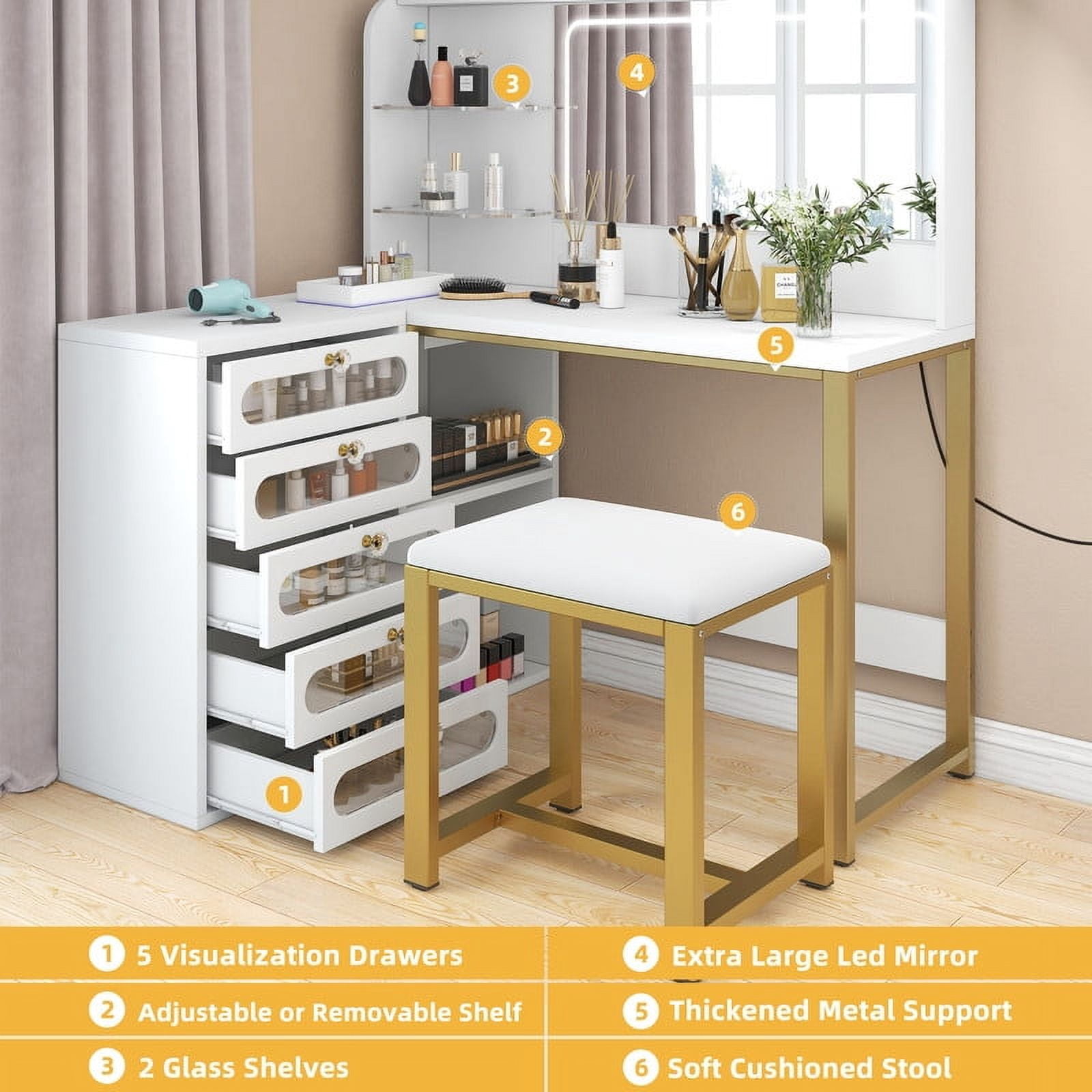 Uforic Makeup Vanity with Lighted Mirror, Modern Vanity Table Set with Stool, L Shaped Dressing Table with 5 Drawer for Bedroom, White