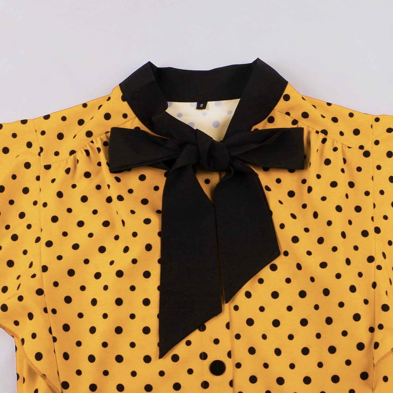 SMihono Women's Ruffle Sleeves Bow Tie Polka Dots Vintage Dress Belted High  Waist Pleated Hem Summer Fashion Prom Dress Yellow XXL - Walmart.com