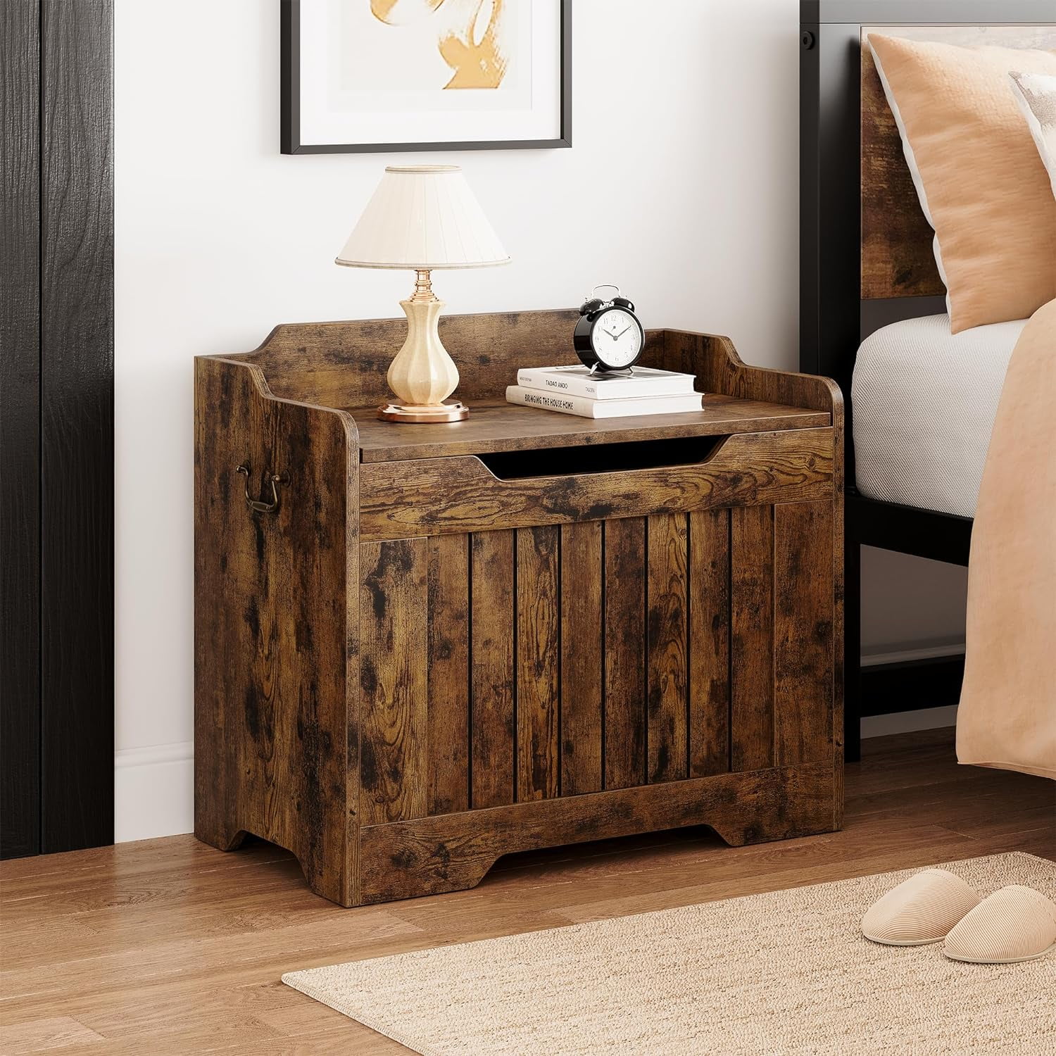 Large Rustic Wooden Storage Trunk With Lock – Farmhouse Style, Rope Handles, 31.5" X 16" X 16"